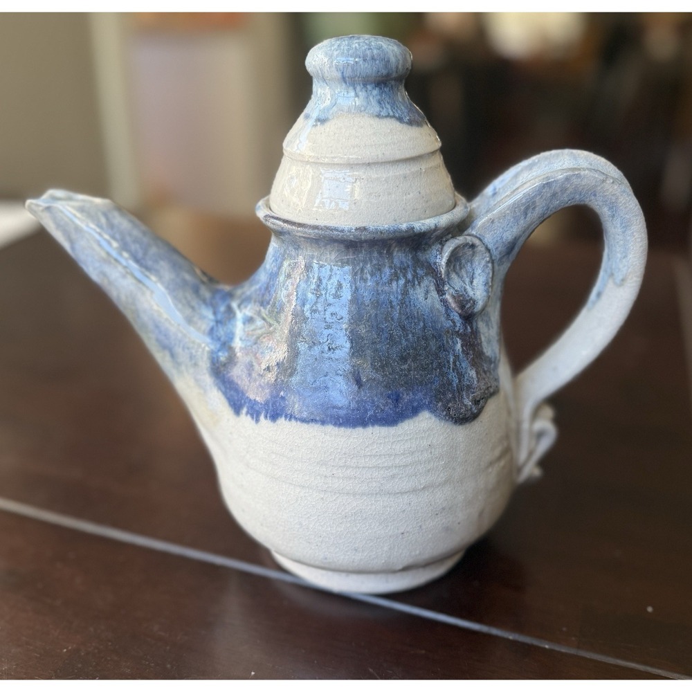Studio Art Pottery Teapot Hand Thrown Stoneware Blue Gray Glaze SIGNED unknown